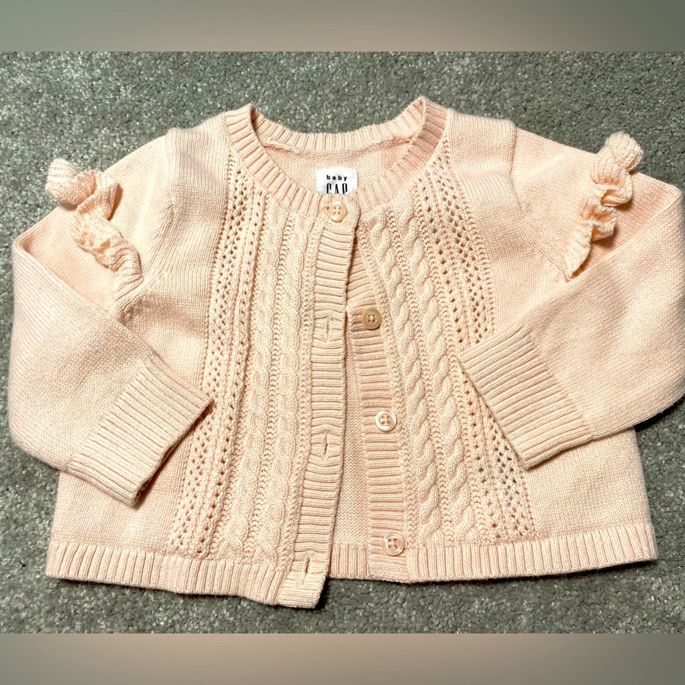 Baby Gap Peach Pink Ruffle Cable Knit Sweater Cardigan